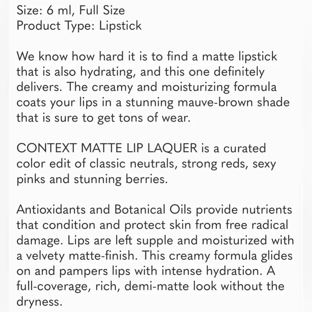 CONTEXT SKIN Matte Lip Lacquer in Sweet Emotion, 6ml, New in Box, Hydrating